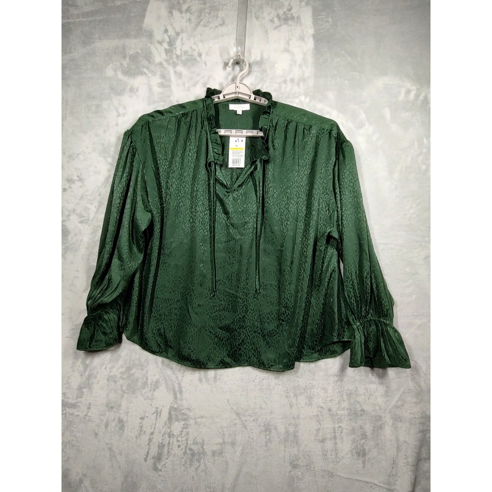 New Directions Womens XL Pine Green Satin Animal Jacquard Tie Neck Ruffle Blouse